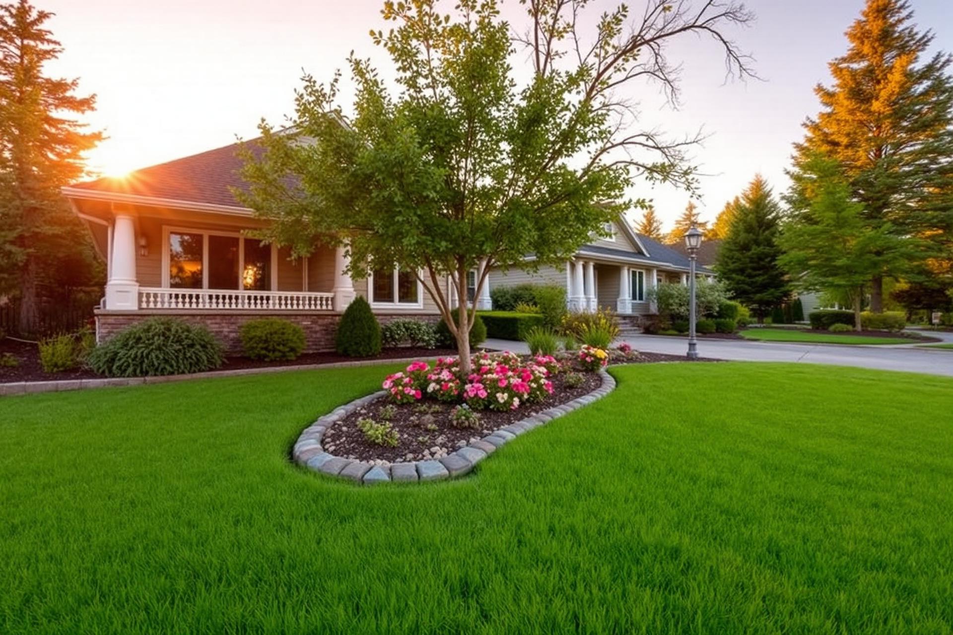 Manicured front yard with decorative curbing in Southern Oregon